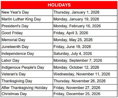 2026 Holidays